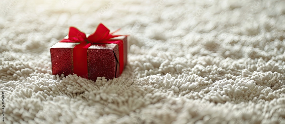 Poster a christmas present is displayed on a white carpet in a photo with copy space image