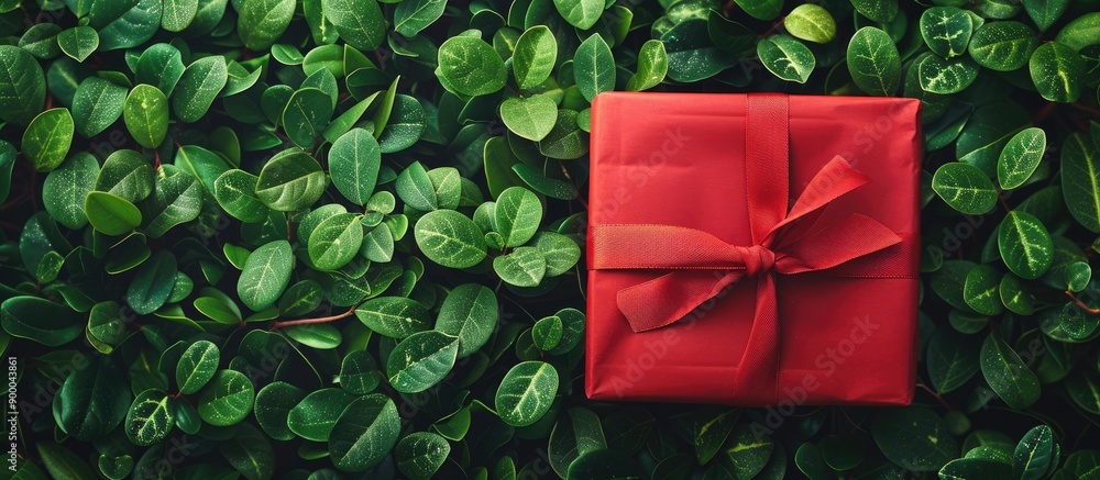 Aufkleber Appealing red gift box featuring a ribbon set against a lush green backdrop ideal for adding a message or design in the copy space image