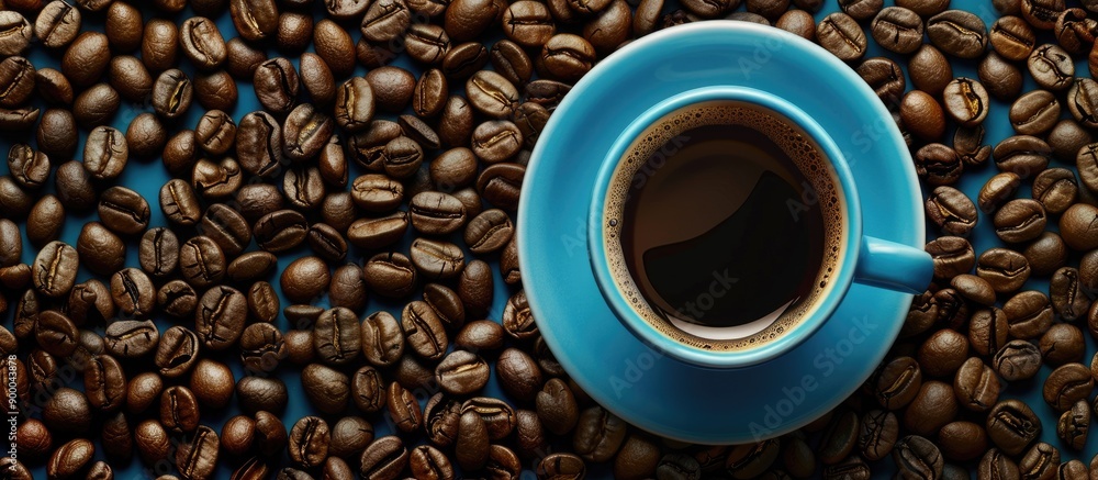 Poster top down view of a black coffee filled blue cup set against a background of freshly roasted coffee b