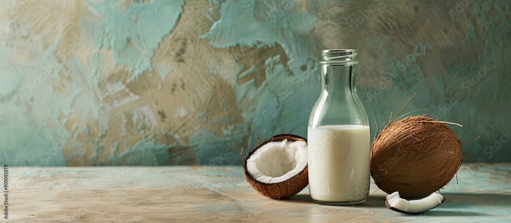 Aufkleber Bottle and glass of coconut milk displayed on a table alongside a copy space image