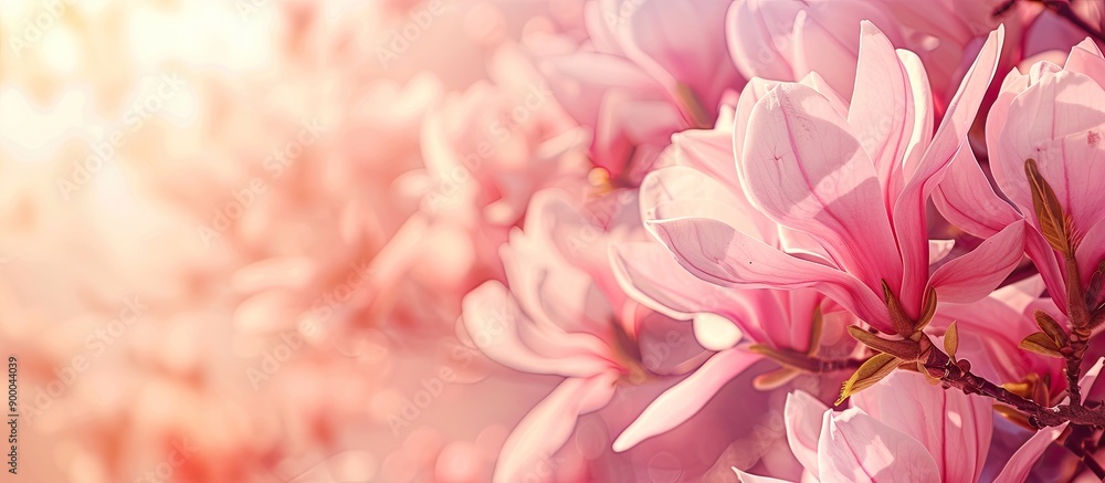 Poster blooming pink magnolia in a garden setting with copy space image easily added