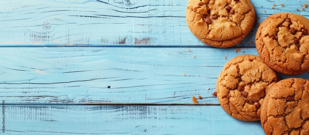 Poster light blue wooden planks backdrop featuring ginger cookies with ample copy space image