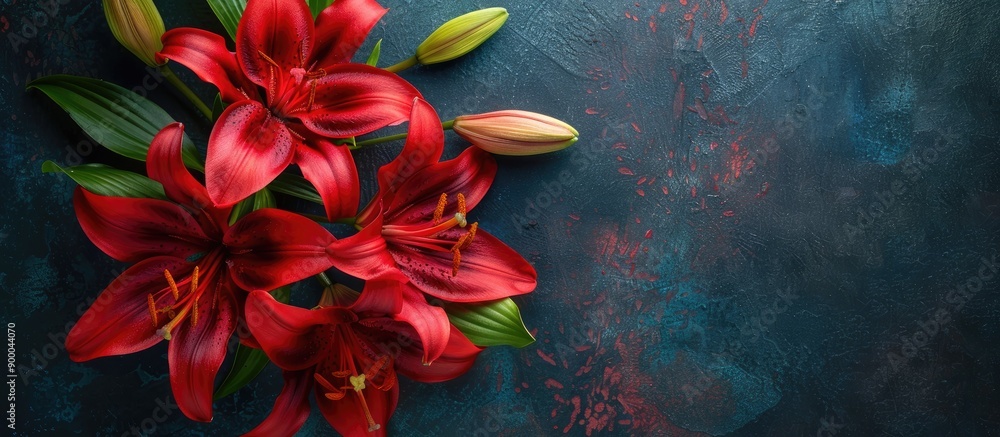 Leinwandbilder top view of red lily flowers on a dark vintage backdrop with space for text or a copy space image