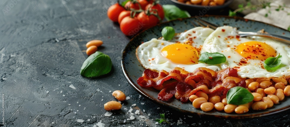 Aufkleber Morning meal featuring eggs beans and bacon on a plate with ample empty space suitable for adding a design or text known as a copy space image