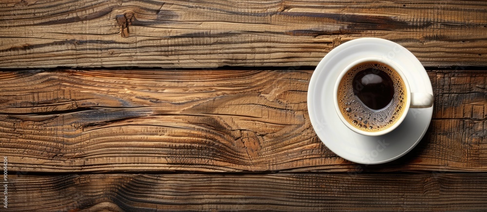 Poster Top down view of a cup of coffee placed on a wooden table with a spacious copy space image