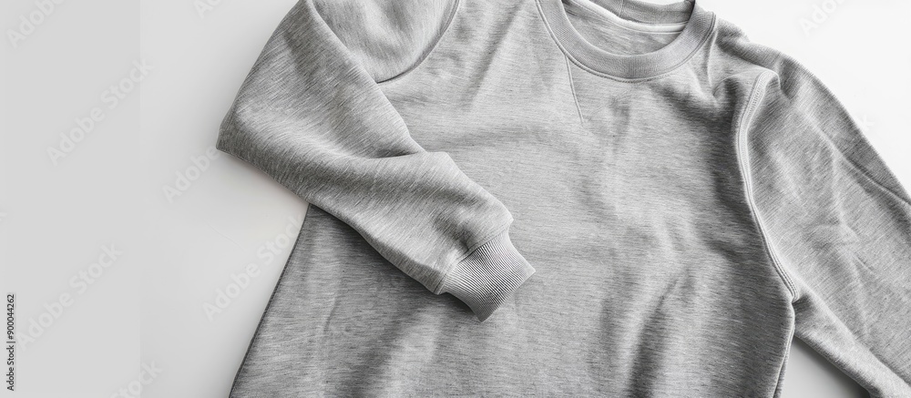 Poster Gray sweatshirt isolated on a white background with copy space image for logos and designs shown in a flat lay style capturing a close up of the long sleeve