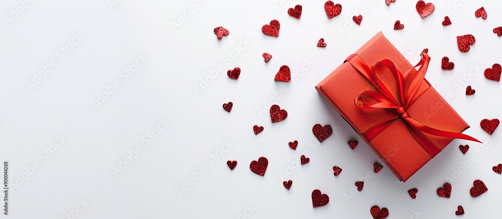 Poster top view of a valentine s day gift presented in a red box surrounded by small hearts isolated on a w