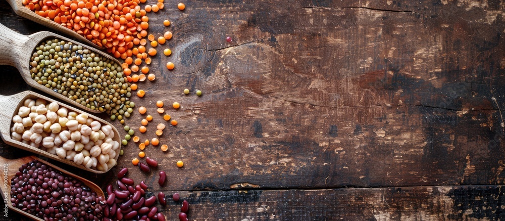 Fototapete Various types of legumes like lentils soybeans chickpeas and red kidney beans arranged on a rustic brown table with adequate space for text in a copy space image