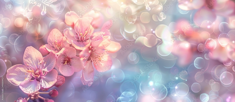 Fototapete soft and pastel floral card with cherry blossoms in spring creating a bokeh flower background with s