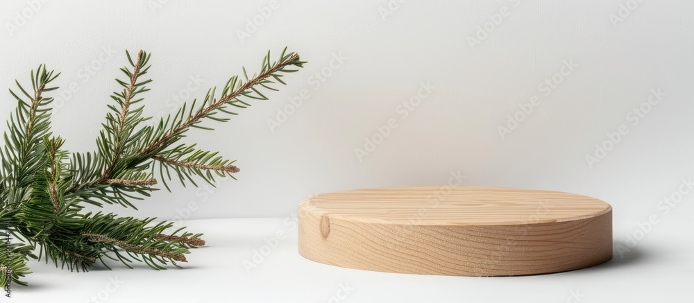 Poster mock up a wooden podium next to a spruce branch on a white backdrop ideal for eco friendly face and 
