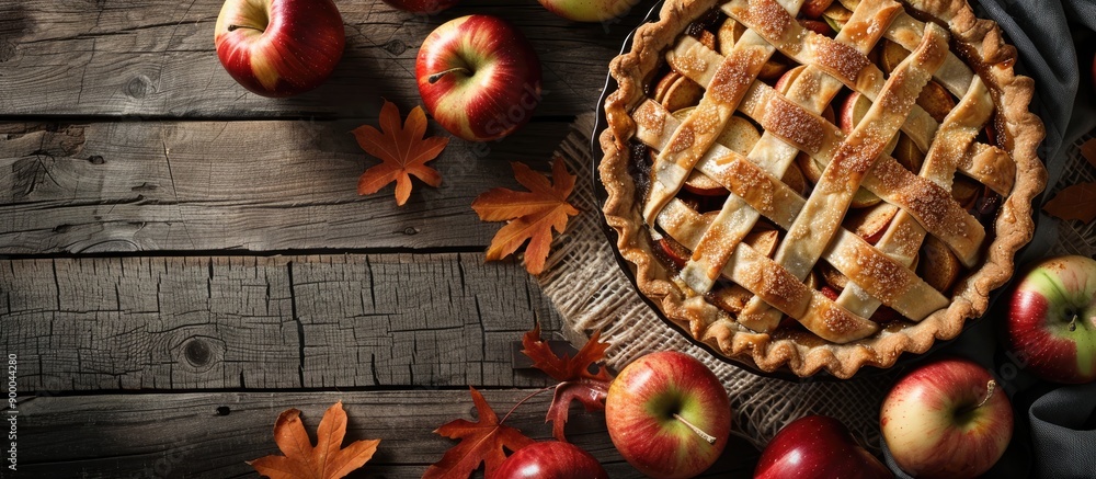 Poster autumn themed homemade apple pie or tart with a copy space image in the background conveying the ess