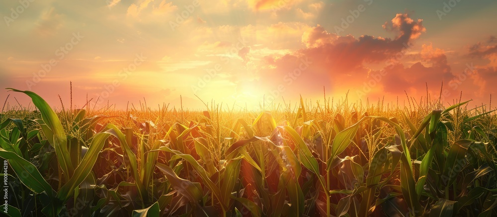 Aufkleber maize plants swaying in a mesmerizing sunset sky in a cornfield landscape with ample copy space imag