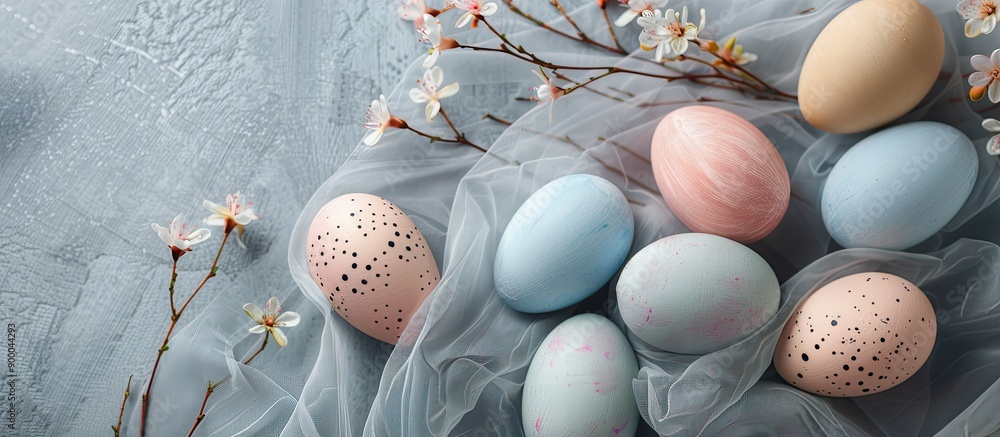 Poster Easter eggs arranged on textured fabric backdrop creating a lovely Easter decor setting with copy space image