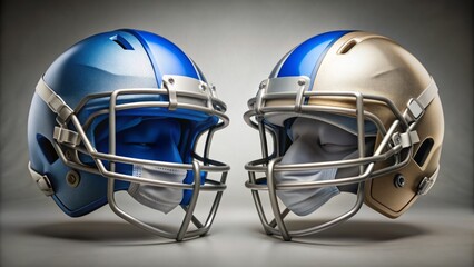 Fototapeta premium Two silver and blue football helmets with face masks, one with a white stripe, sit opposed on a neutral background, symbolizing rivalry and competition.