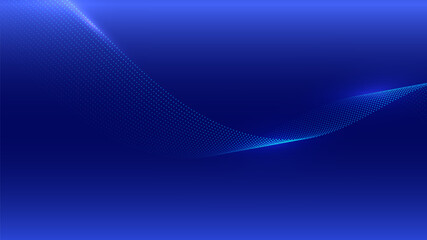 Abstract flowing dot particles light wave pattern on blue background.