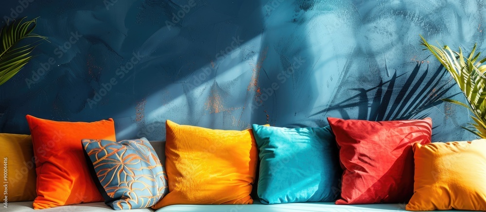 Poster color background adorned with soft pillows and copy space image