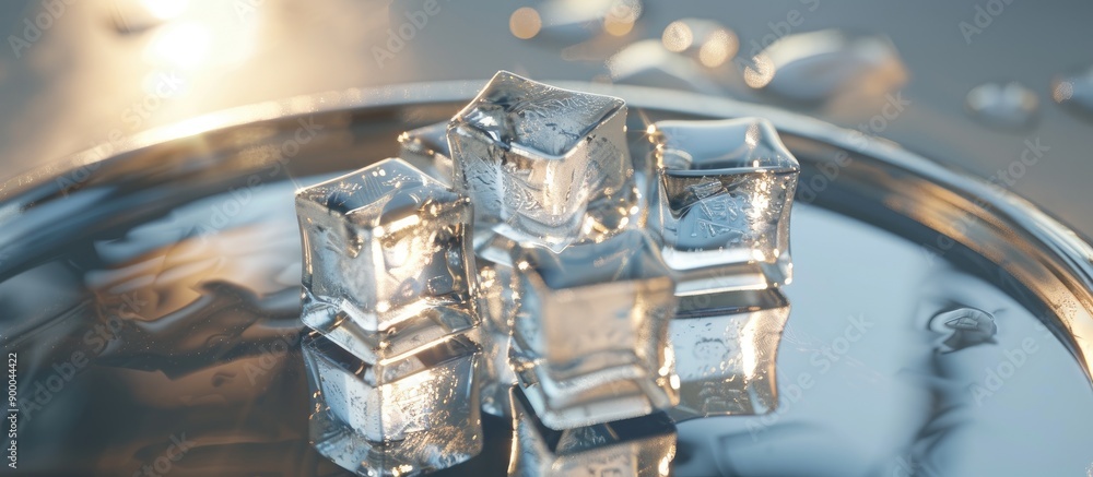 Aufkleber square ice cubes with a transparent clear appearance are placed on a mirror with ample copy space im