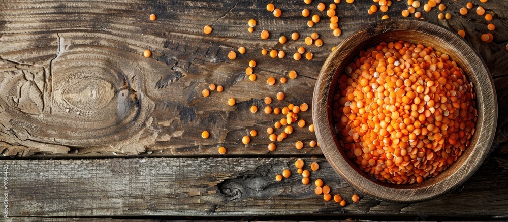 Poster red lentil bowl arranged on a wooden surface with copy space image
