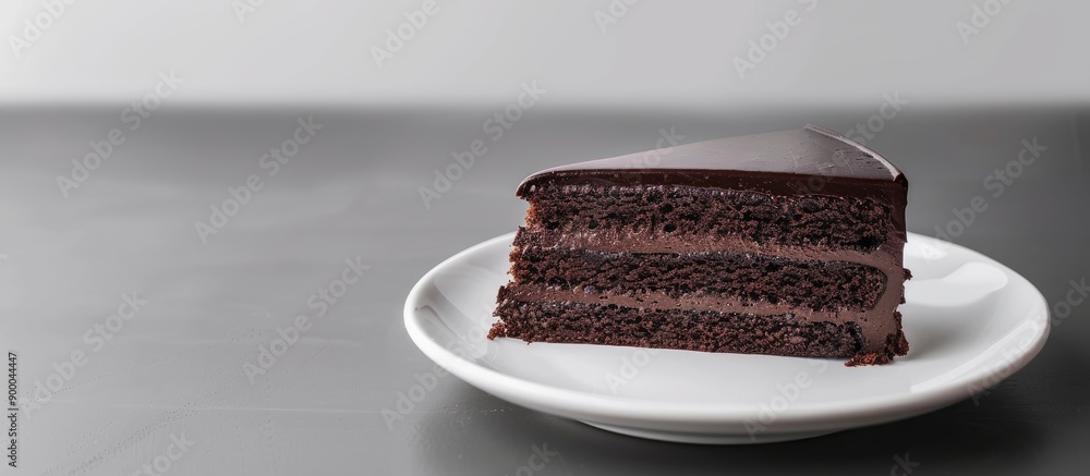 Poster a decadent slice of chocolate cake on a pristine white plate with ample copy space image