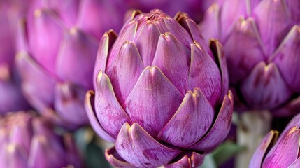 Obraz premium A beautiful close up image of a purple artichoke. The image is sharp and detailed, with the artichoke's intricate texture and colors on full display.