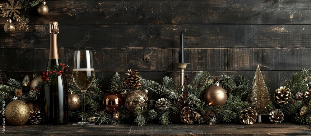 Poster Rustic style Christmas and New Year setup on a dark wooden backdrop featuring festive spruce branches champagne candelabra garland ornaments cones and copy space image