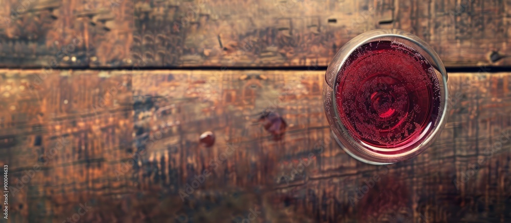 Poster an aerial picture of a red wine glass on a blurry wooden board backdrop texture with a focusing on t