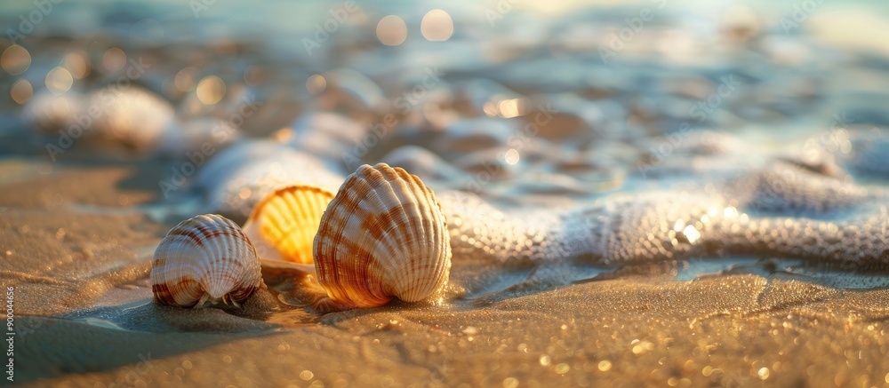 Poster a pair of seashells resting on a sandy shoreline near the water with copy space image