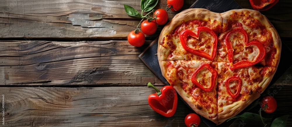 Aufkleber pizza for valentine s day featuring red peppers artfully arranged on the top with copy space image