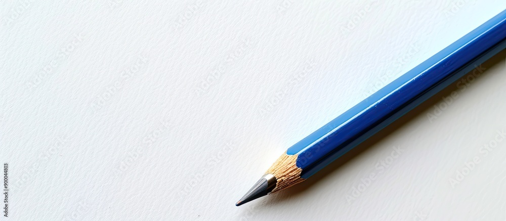 Poster A blue pencil with an eraser set against a white backdrop captured in a close up shot with room for adding text in the image. with copy space image. Place for adding text or design