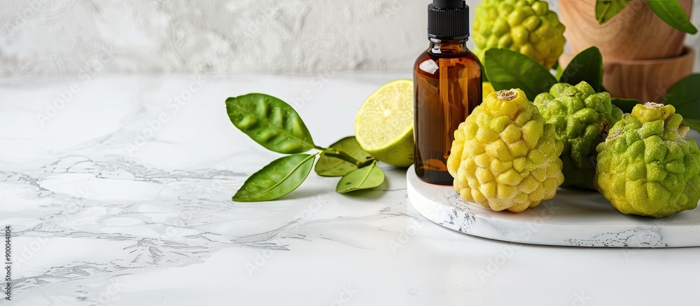 Poster Fresh bergamot fruits and a bottle of essential oil displayed together on a white marble table with a spacious area available for adding text. with copy space image. Place for adding text or design