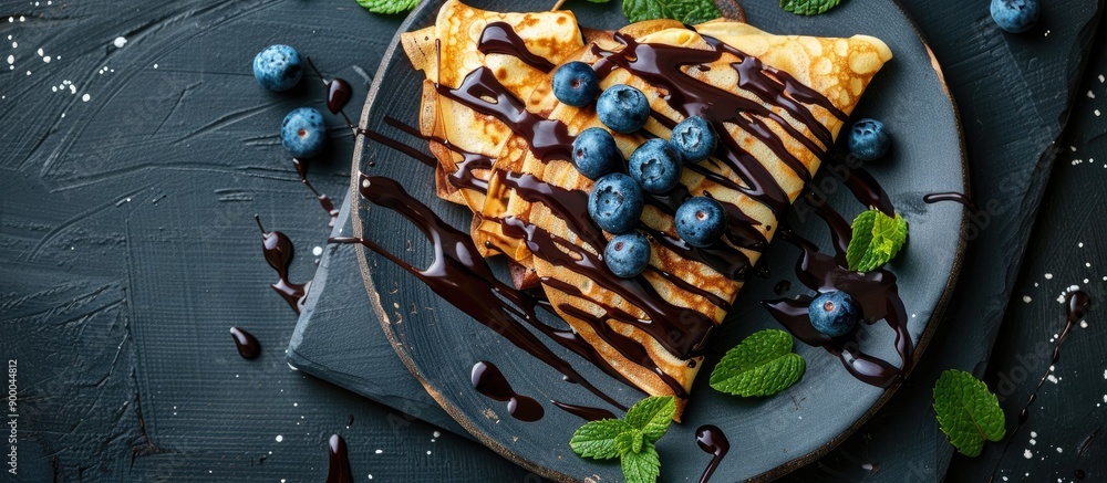 Poster chocolate crepes with blueberries sauce and mint leaves on a slate plate in a top view shot with a f
