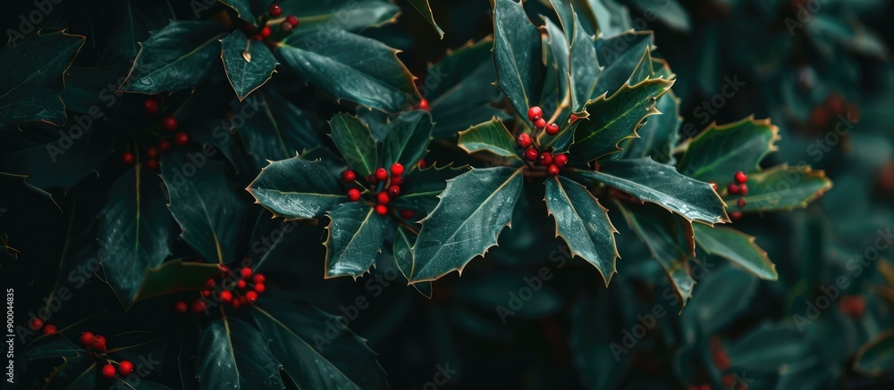 Poster Ilex branch without red berries showcasing shiny evergreen leaves with visible spikes ideal for copy space image