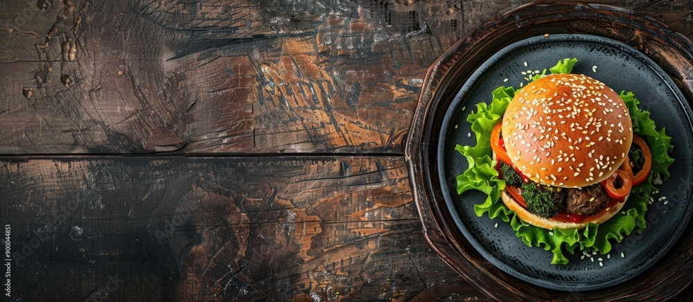 Poster Top down view of a vegetarian broccoli burger on a rustic plate against a dark wooden backdrop with space for additional images