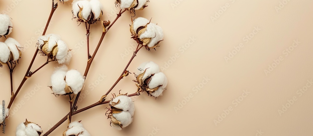 Poster Beige background with cotton flowers in flat lay composition allowing for text in the copy space image