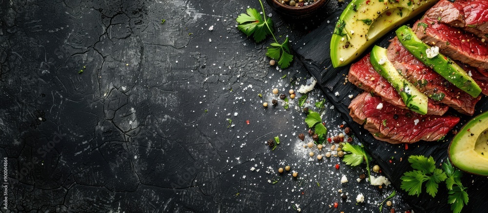 Leinwandbilder healthy diet food featuring sliced beef and avocado topped with grated cheese displayed in a temptin