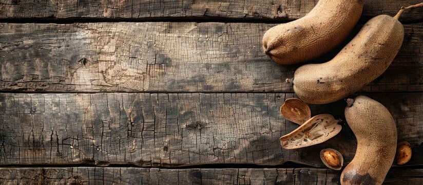 A top down view of a ripe tamarind fruit displayed on a wooden table against a wooden backdrop with space for additional content in the image