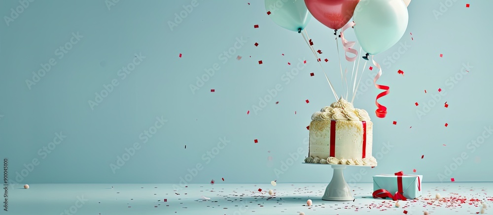 Poster a festive arrangement with an appealing cake ribbon roll balloons and gift box is centered in the fr