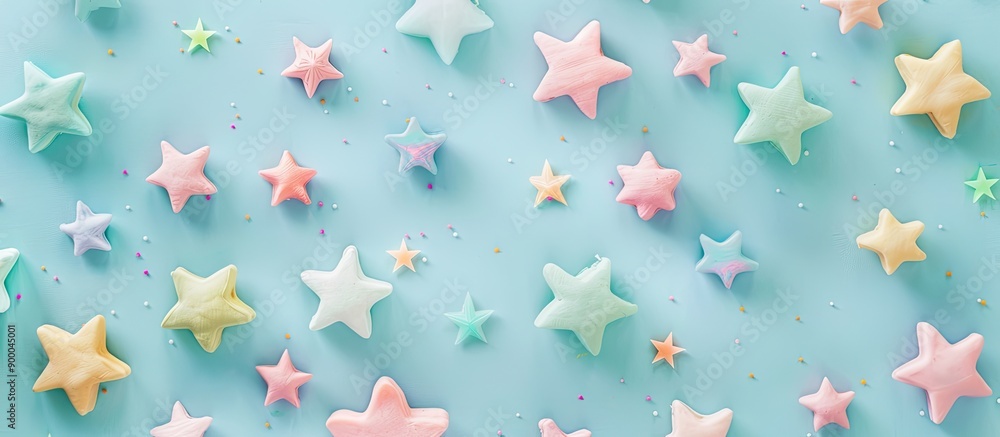 Poster top view flat lay of a circle with colorful stars on a pastel blue background ideal for promotion or
