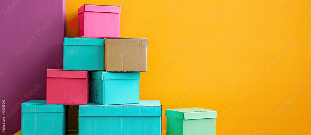 Poster Colorful background with blank cardboard boxes perfect for adding copy space image