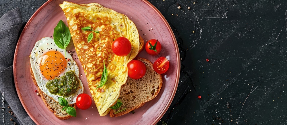 Poster a close up image of a nutritious breakfast on a pink plate set against a black stone backdrop with r