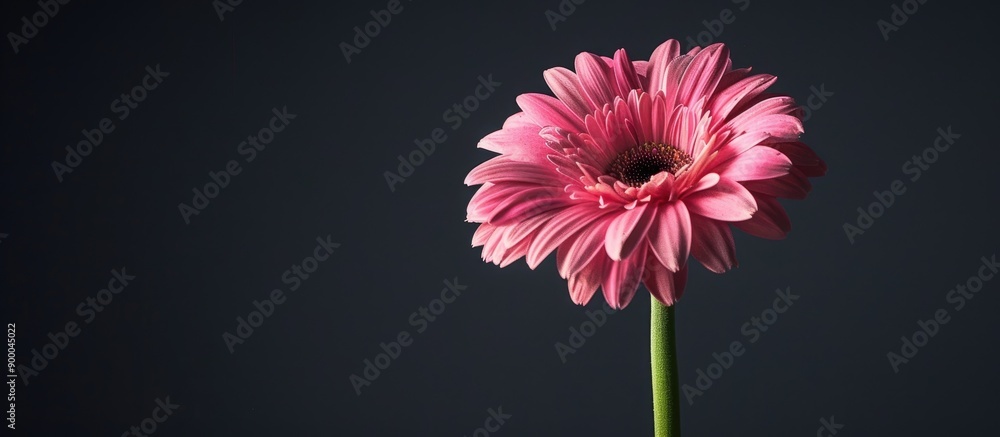 Poster pink gerbera daisy stands alone on black backdrop in horizontal copy space image