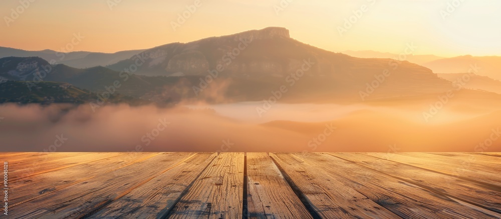 Poster morning sunrise on a mountain creates a serene backdrop for a shelf floor with soft mist perfect for
