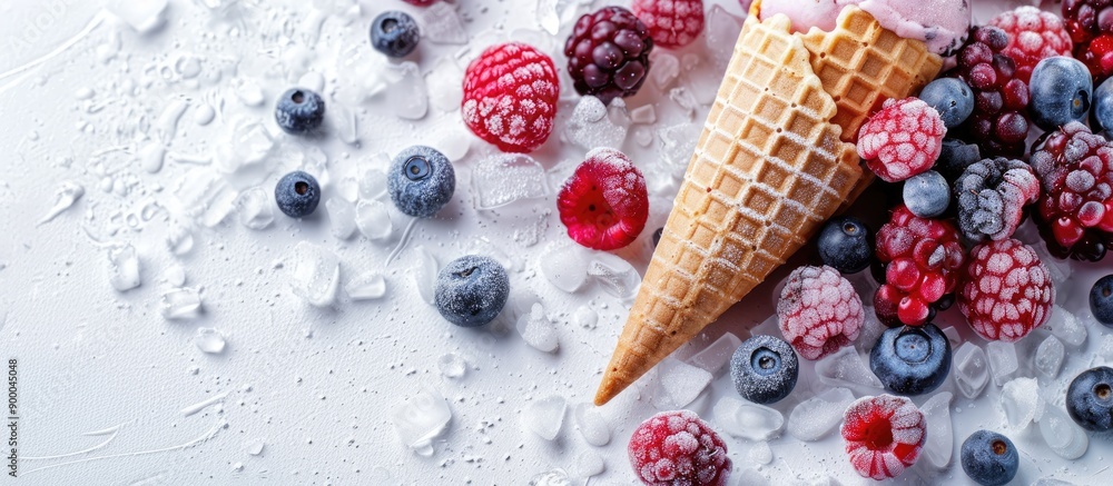 Aufkleber frozen berries spill from a waffle ice cream cone on a white backdrop embodying a summer theme with 
