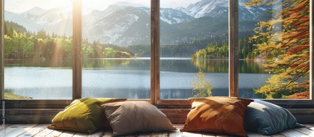 Poster landscape of a sunny spring day with a retro brown window sill background adorned with pillows provi
