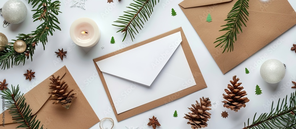 Aufkleber white background with a collection of items like envelopes a blank card a christmas wreath candles f