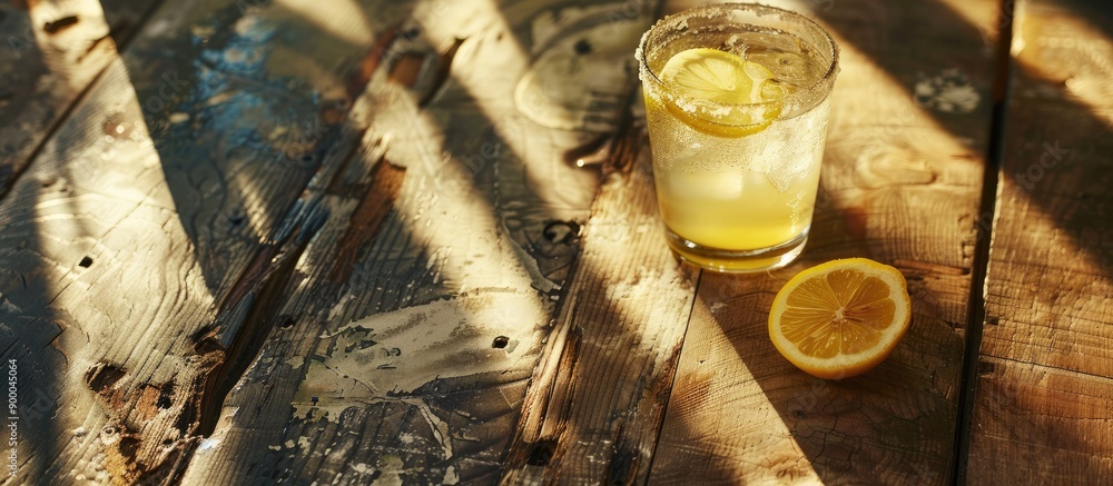 Aufkleber a wooden table with a fresh slice of lemon garnishing a glass of lemonade provides a rustic copy spa