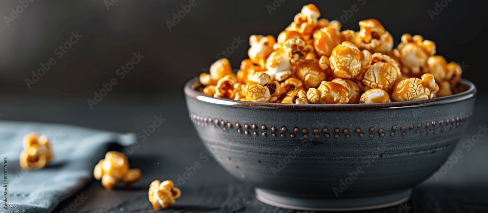 Fototapete low angle view of a gray bowl filled with homemade caramel popcorn perfect for adding text with copy
