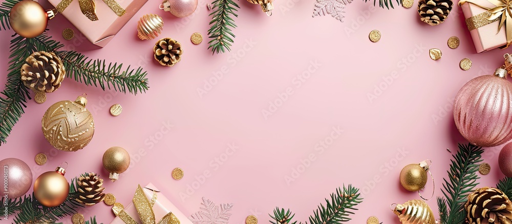 Poster Festive Christmas theme with golden ornaments and a gift box forming a frame on a pink background Perfect for conveying holiday wishes with text on copy space image