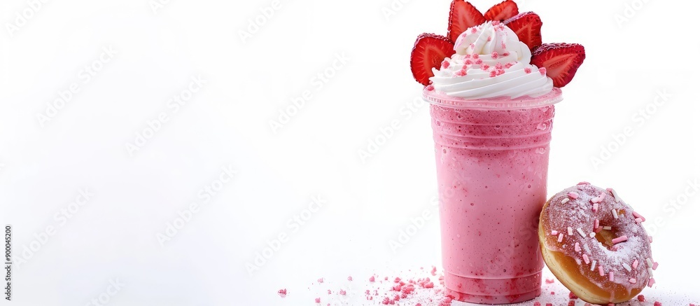 Aufkleber valentine s day themed strawberry milkshake topped with whipped cream and a glazed donut set against