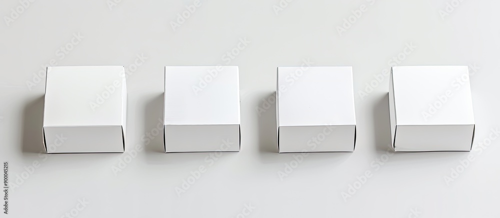 Poster Four white packaging boxes arranged on a white background emphasizing the concept of shipping delivery and transportation with copy space image